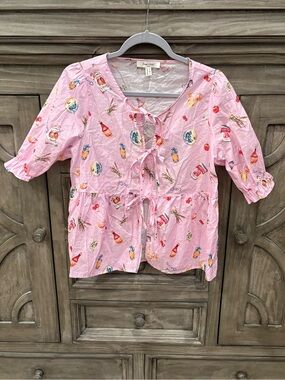 EUC Women’s HAVER & BLAIR LONDON Pink Fruit & Beverage Print Tie Top (Small)